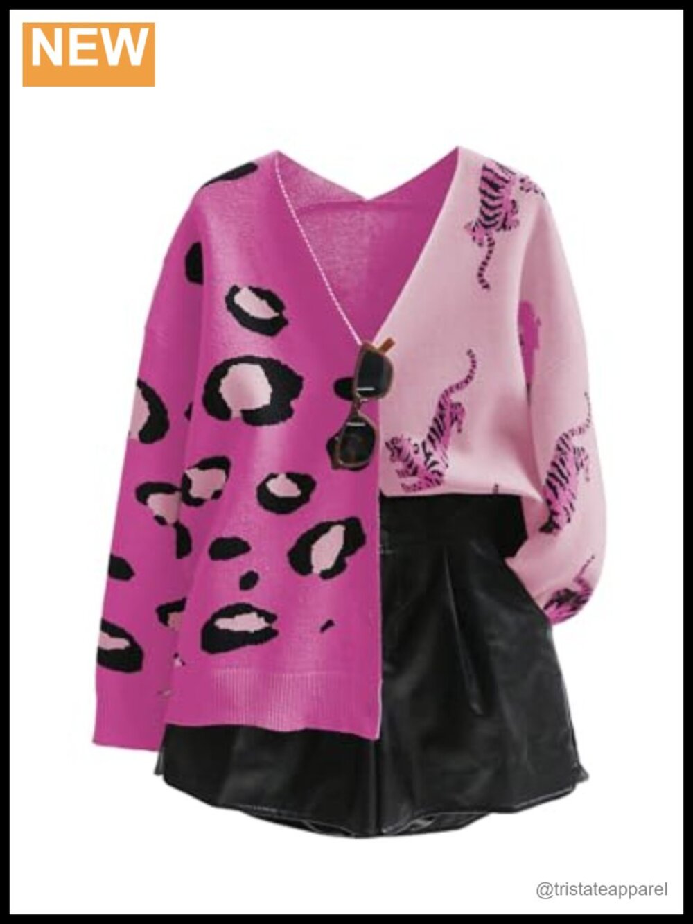 Chunky Knit Leopard Print V-Neck Long Sleeve Button Down Cardigan